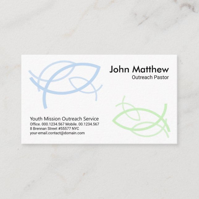 Blue Green Three Trinity Ichthus Fish Ministry Business Card (Front)