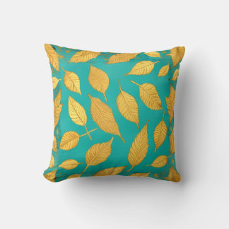 Blue Green Throw Pillow with Gold Leaves