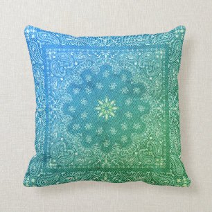 Blue Green Tie Dye Faux Denim Framed Kaleidoscope Cushion