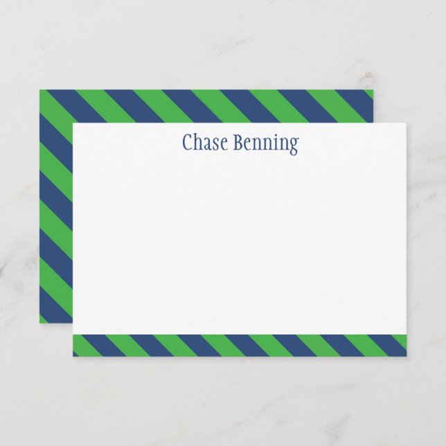 Blue & Green Tie Stripes Personalised Note Cards (Front/Back)