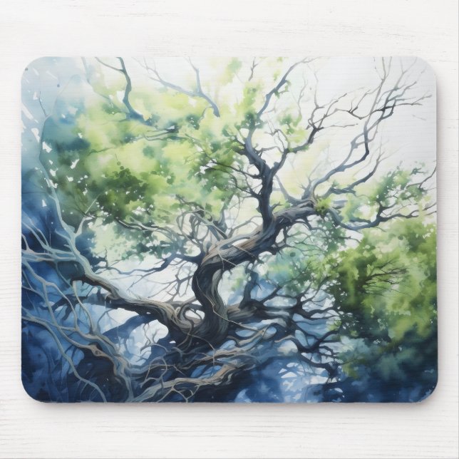 Blue Green Tree Abstract Mouse Pad (Front)