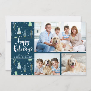 Blue Green Trees Script HAPPY HOLIDAYS 3 Photos Holiday Card