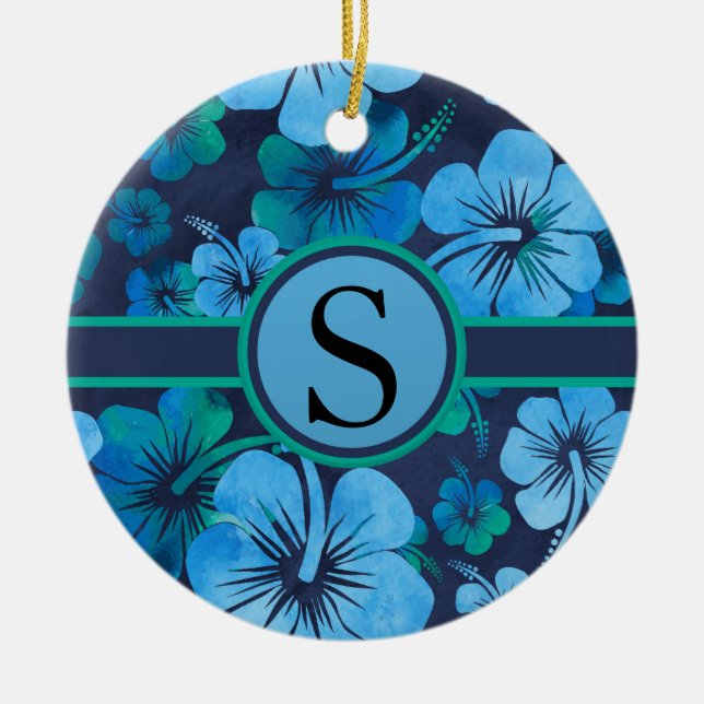 Blue Green Tropical Hibiscus Floral Monogram Ceramic Tree Decoration (Front)