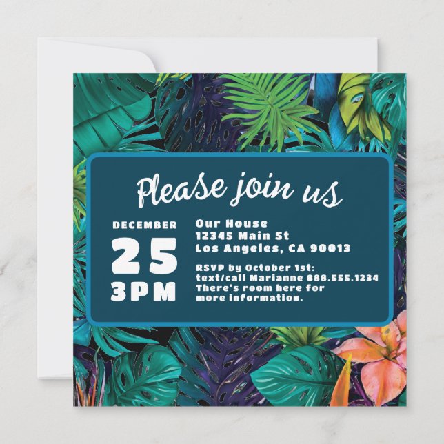 Blue Green Tropical Jungle Destination Wedding Save The Date (Back)