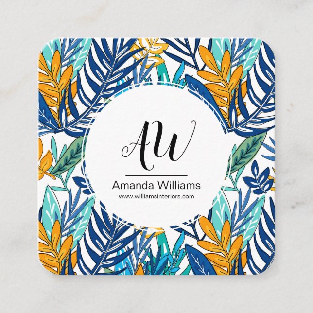 Blue & Green Tropical Leaves Business Card (Front)