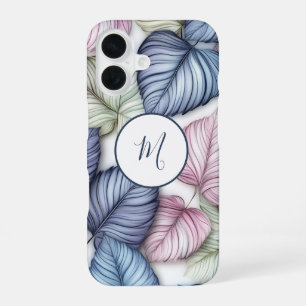 Blue Green Tropical Leaves Pattern Monogram iPhone 16 Case
