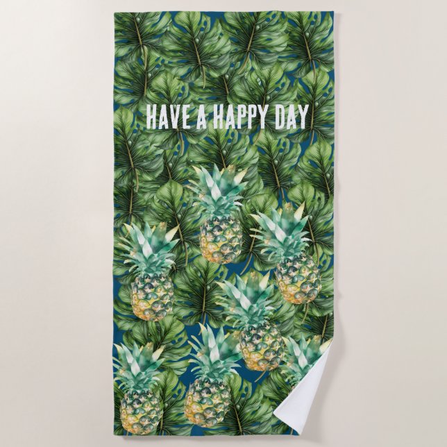Blue Green Tropical Leaves Pineapples Beach Towel (Front)