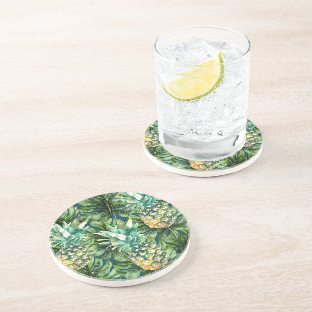 Blue Green Tropical Leaves Pineapples Coaster (Side)