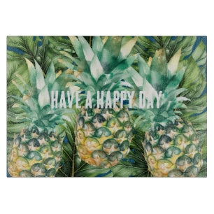 Blue Green Tropical Leaves Pineapples Cutting Board
