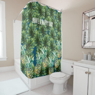 Blue Green Tropical Leaves Pineapples Shower Curtain