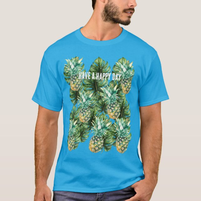 Blue Green Tropical Leaves Pineapples T-Shirt (Front)