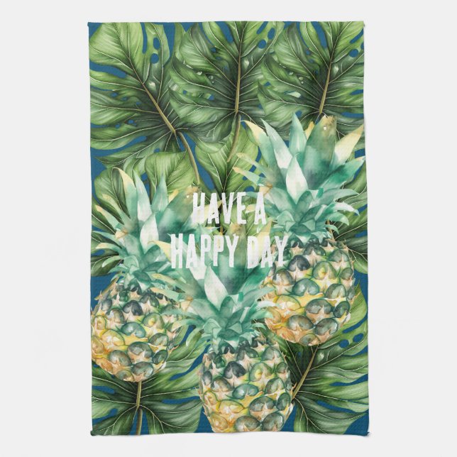 Blue Green Tropical Leaves Pineapples Tea Towel (Vertical)