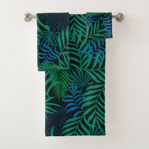Blue & Green Tropical Palm Fronds on Black Bath Towel Set