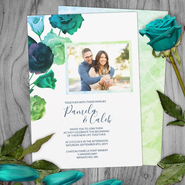 Blue, Green, Turquoise Botanical Roses Wedding Invitation (spring springtime wedding bright green teal green roses botanical garden wedding invitations)