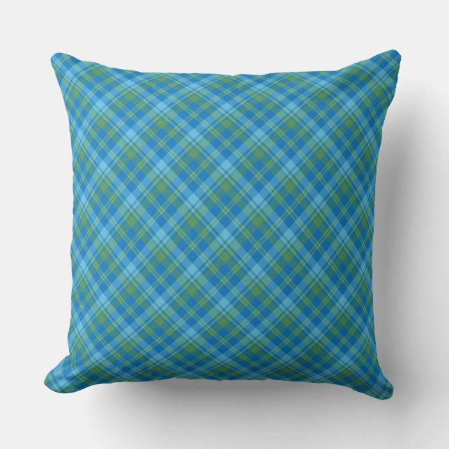 Blue, Green Turquoise Diagonal Plaid Pattern Cushion (Front)