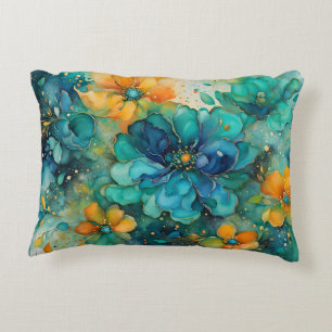 Blue green turquoise gold orange abstract flowers decorative cushion