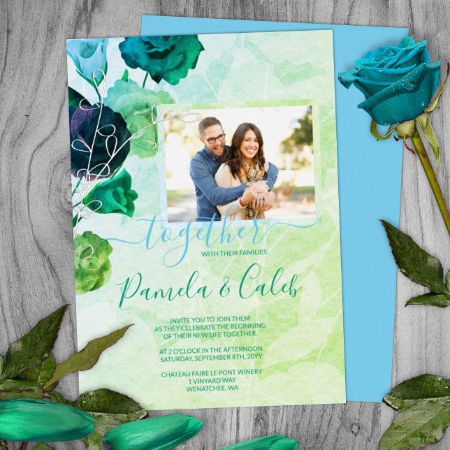 Blue, Green, Turquoise Roses Wedding Silver (green floral wedding invitations spring springtime green wedding colors silver foil leaves navy blue)