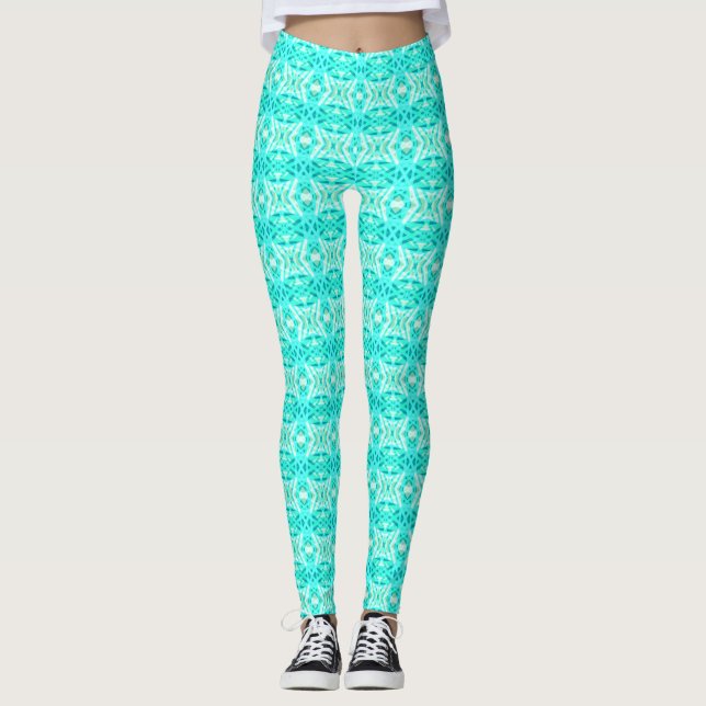 Blue Green Turquoise White Geometric Tile Pattern Leggings (Front)