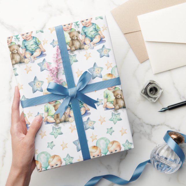 Blue Green Twin Baby Boys Baby Shower or New Baby Wrapping Paper (Gifting)