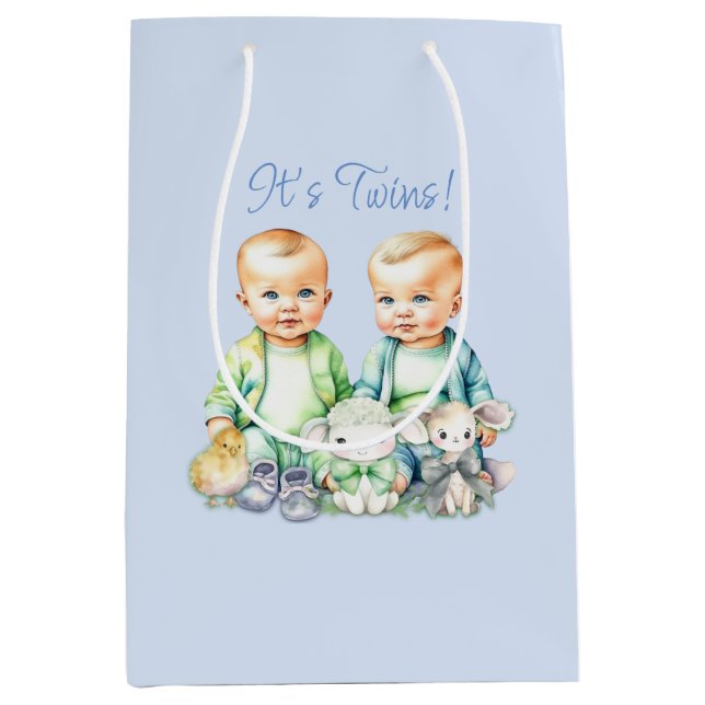 Blue, Green Twins Watercolor Baby Shower Medium Gift Bag (Front)