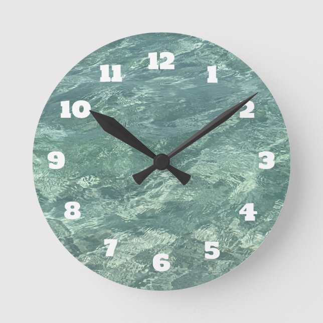 Blue Green Water Teal Abstract Beach Coastal  Round Clock (Front)