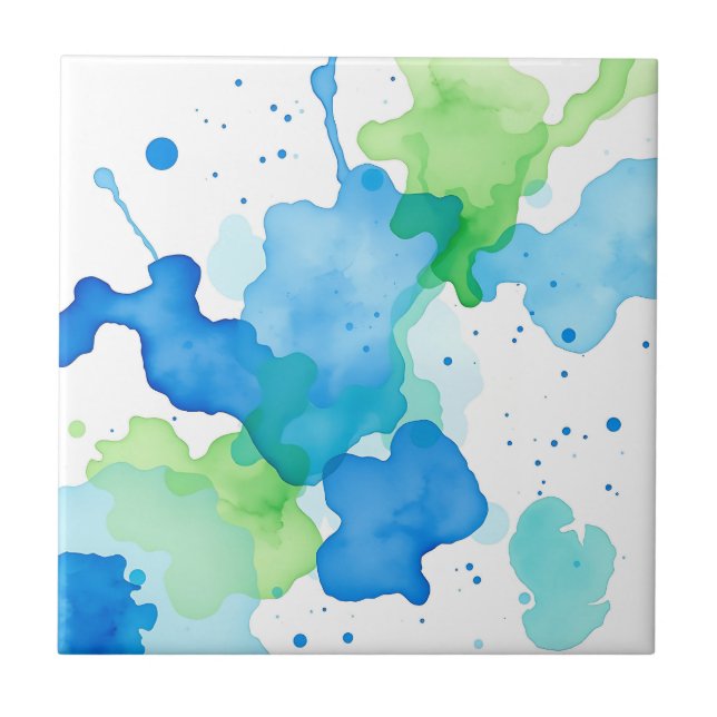 Blue Green Watercolor Abstract Pattern Ceramic Tile (Front)
