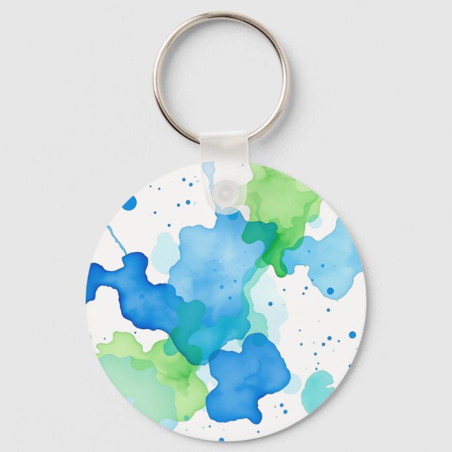 Blue Green Watercolor Abstract Pattern Key Ring (Front)