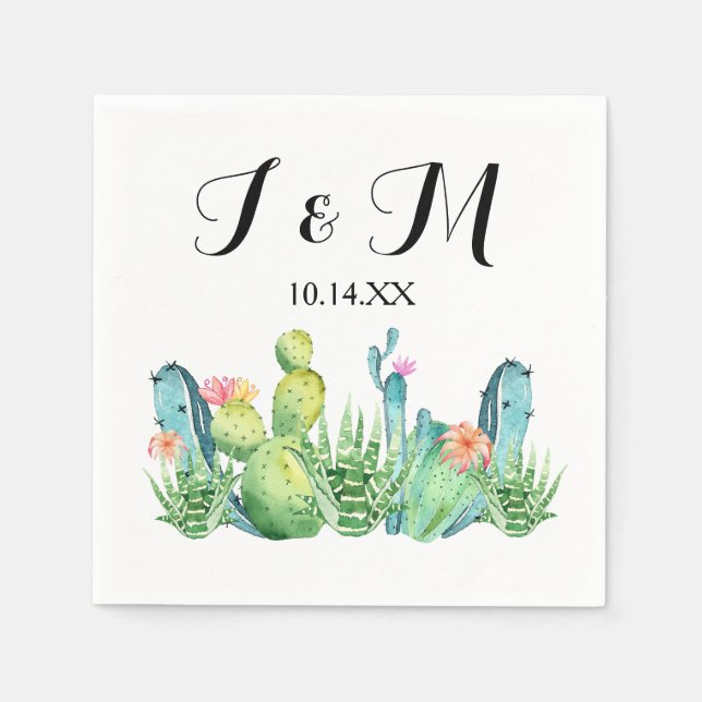 Blue Green Watercolor Cactus Party Cocktail Napkin (Front)