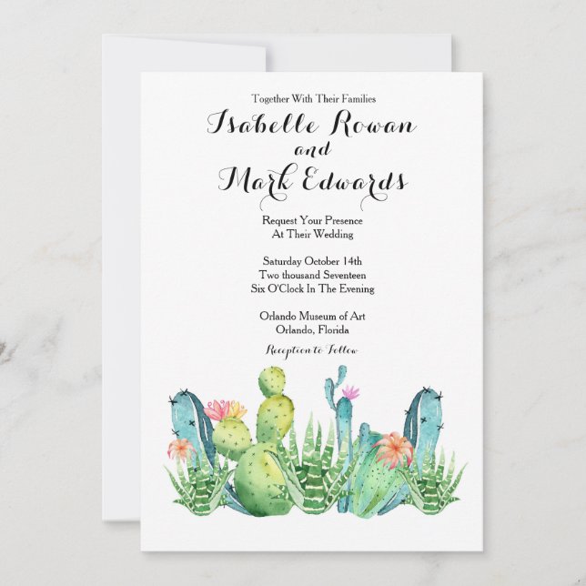 Blue Green Watercolor Cactus Wedding Invitation (Front)