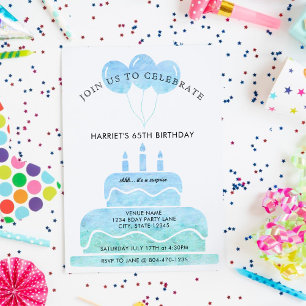 Blue Green Watercolor Cake Balloons 65th Birthday Invitation