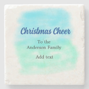 Blue green watercolor christmas holiday add family stone coaster