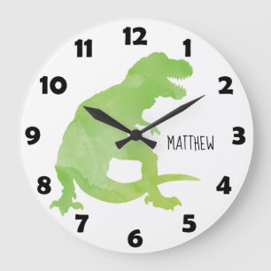 Blue Green Watercolor Dinosaur Personalised Kids Large Clock
