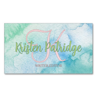 blue green watercolor editor writer name monogram Magnetic business card