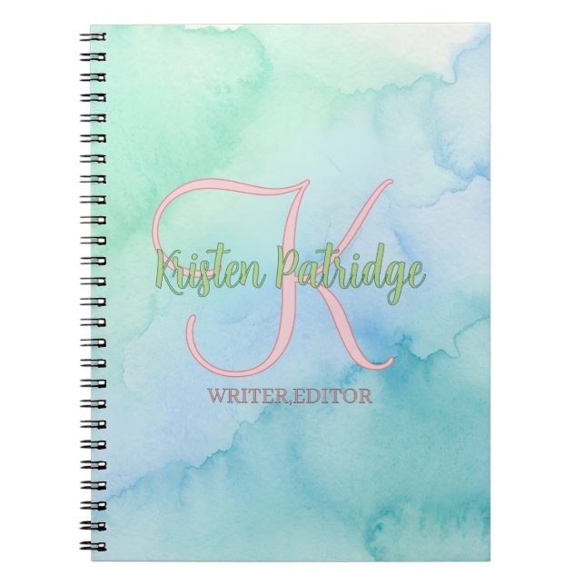 blue green watercolor editor writer name monogram  notebook (Front)