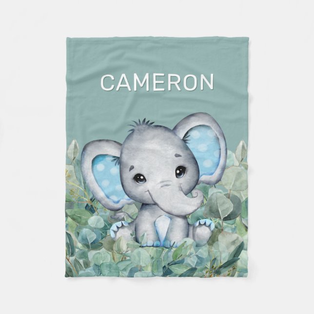Blue Green Watercolor Elephant Personalised Name Fleece Blanket (Front)