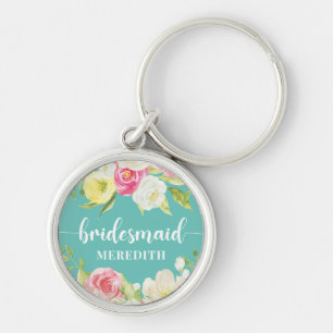 Blue Green Watercolor Floral Bridesmaid Name Key Ring