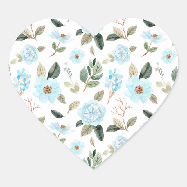Blue Green Watercolor Floral Heart Sticker (Front)