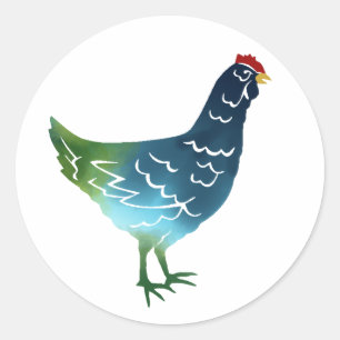 Blue & Green Watercolor Hen Classic Round Sticker