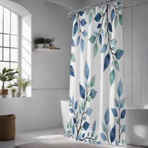 Blue Green Watercolor Leaves Botanical Design 376 Shower Curtain