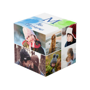 Blue Green Watercolor Monogram Photo Collage Cube