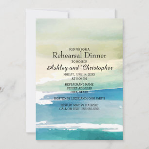 Blue Green Watercolor Ocean  Wedding Rehearsal Invitation