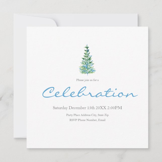 Blue Green Watercolor Pine Tree Invitation (Front)