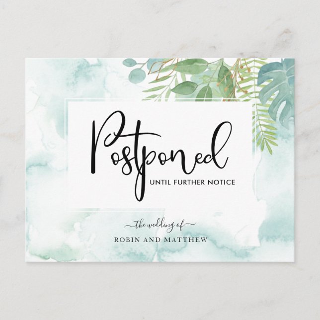 Blue Green Watercolor Postponement Wedding Postcard (Front)