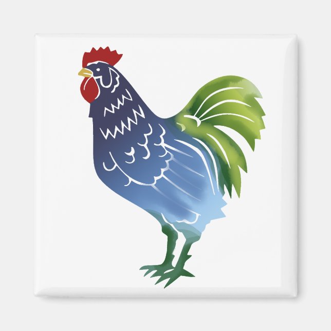 Blue & Green Watercolor Rooster Magnet (Front)