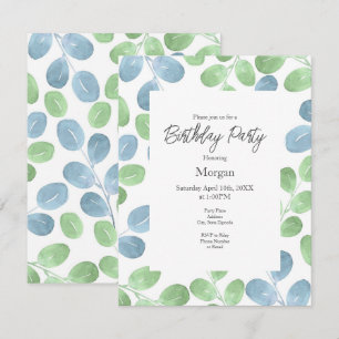 Blue Green Watercolor Round Leaf Pattern Invitation
