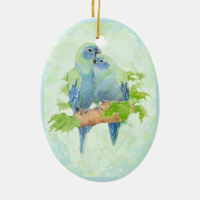 Blue & Green Watercolor Tropical Parrot Birds Ceramic Ornament (Back)