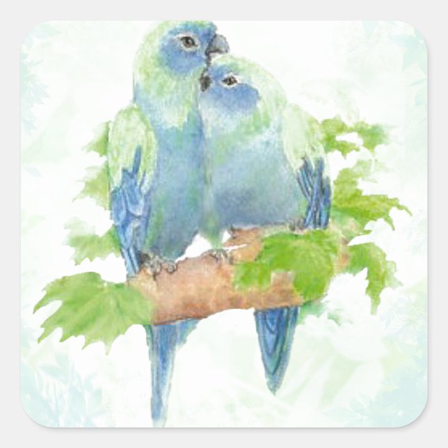 Blue & Green Watercolor Tropical Parrot Birds Square Sticker (Front)