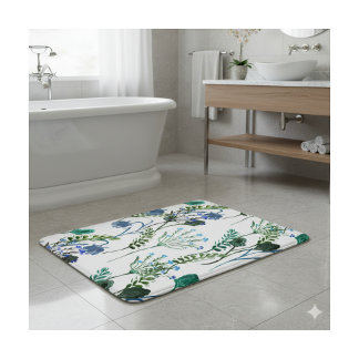 Blue Green Watercolor Wildflower Bath Mat