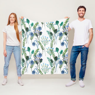 Blue Green Watercolor Wildflower Fleece Blanket
