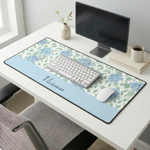 Blue Green Watercolor Wildflower Monogram Name Desk Mat